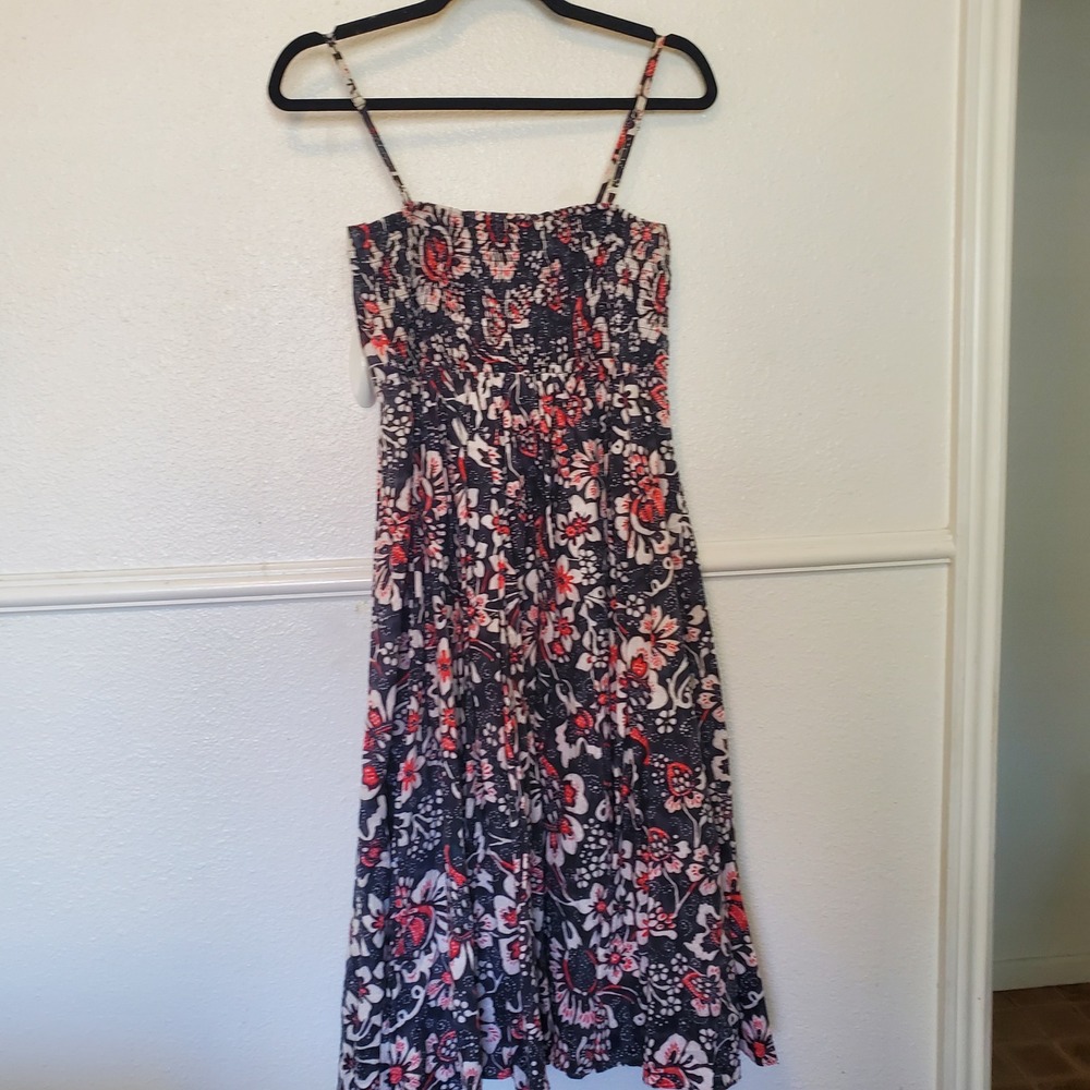 JS New York Floral Midi Dress Navy Red White Smocked Back Adjustable Straps - Picture 6 of 8